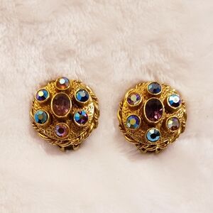 Elegant Gold and Purple Earrings with Gemstone Detailing (Clip-ons)